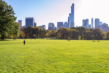 Scene from Sheep's Meadow towards midtown Manhattan from New York City's Central Park in New York...