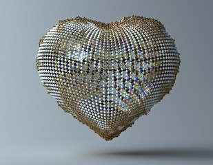 3d render of abstract 3d heart love object based on small golden and silver and glass balls on grey background