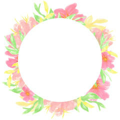 Fototapeta na wymiar card or invitation with hand-painted flowers with watercolors on a white background with a white circle for text