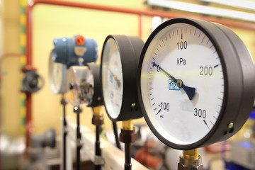 Close up plan of manometer. Measuring device in oil and gas industry, control pressure in pipelines