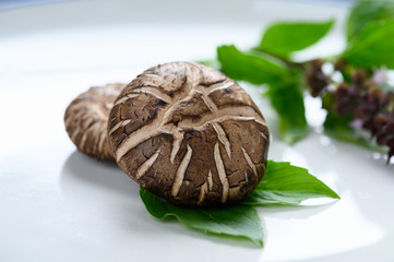 Shiitake mushrooms on the wooden background.