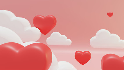 3D illustration of love and valentine day,Red heart float on the pink sky. 3D Rendering