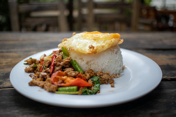 Rice topped with stir-fried beef and basil