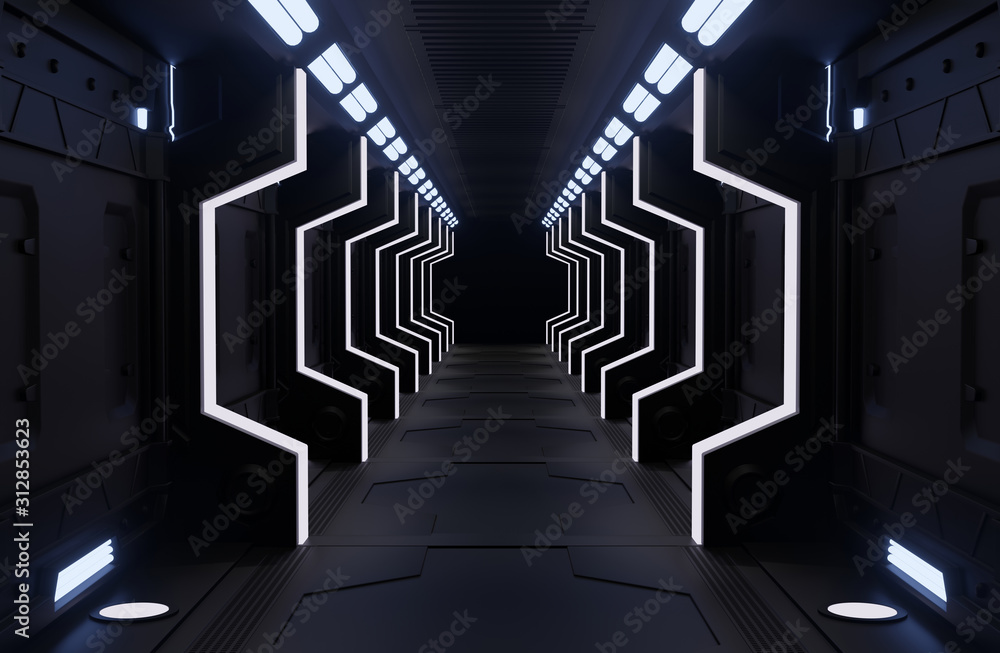 Wall mural 3d rendering elements of this image furnished ,spaceship black interior with view,tunnel,corridor,li
