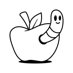 Cartoon Worm in Apple Black Outline on White Background