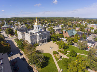 New Hampshire State House aerial view, Concord, New Hampshire NH, USA. New Hampshire State House is the nations oldest state house, built in 1816 - 1819. - obrazy, fototapety, plakaty