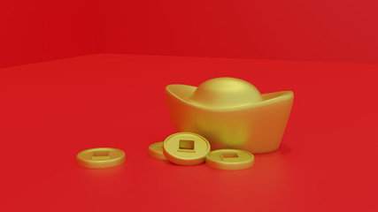 Gold coins and gold sycee on red background, Chinese New Year. - 3D Rendering