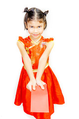 happy chinese new year.asian girls showing red envelopes for chinese new year.on White background