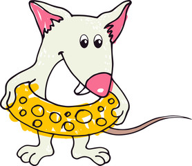 mouse symbol of the year goes swimming with an inflatable circle smiling with a good mood. Vector mouse with black stroke 