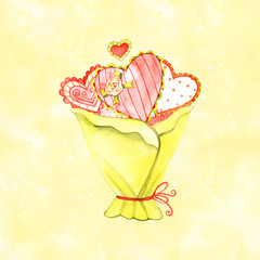 Watercolor cute romantic love Valentine's Day Mother Day card. Watercolor illustration isolated.