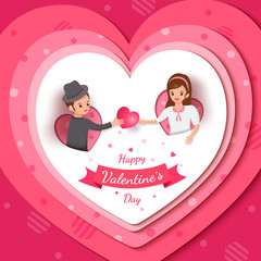 Illustration of Happy Valentine's Day with lover on pink heart frame