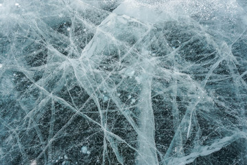 top view of crack thick ice crystals at Baikal lake in winter