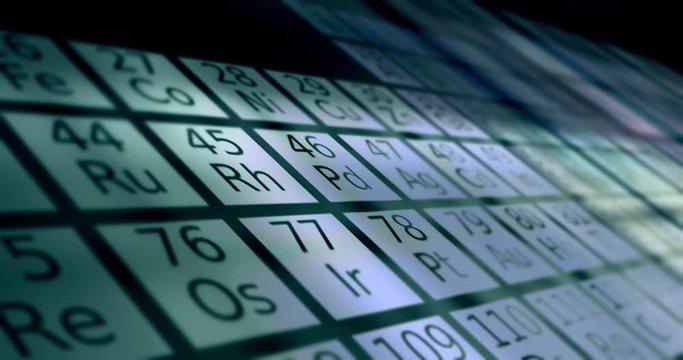 The Periodic Table of Elements passing by the camera in cinematic atmosphere - V3