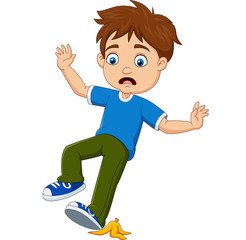 Cartoon little boy slipping on a banana peel