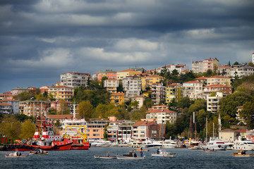 Fototapeta na wymiar Istinye Harbour with coastal safety ships and pleasure boats on the Bosphorus Strait Istanbul Turkey