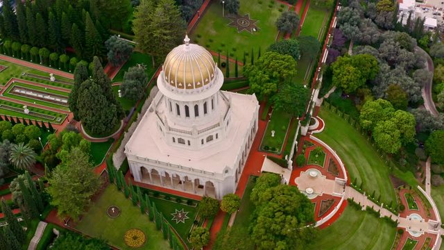 Bahai temple and gardens in Haifa, Israel, 4k aerial drone view