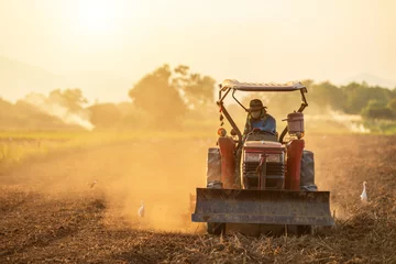 Fototapete Traktor Thai farmer on big tractor in the land to prepare the soil