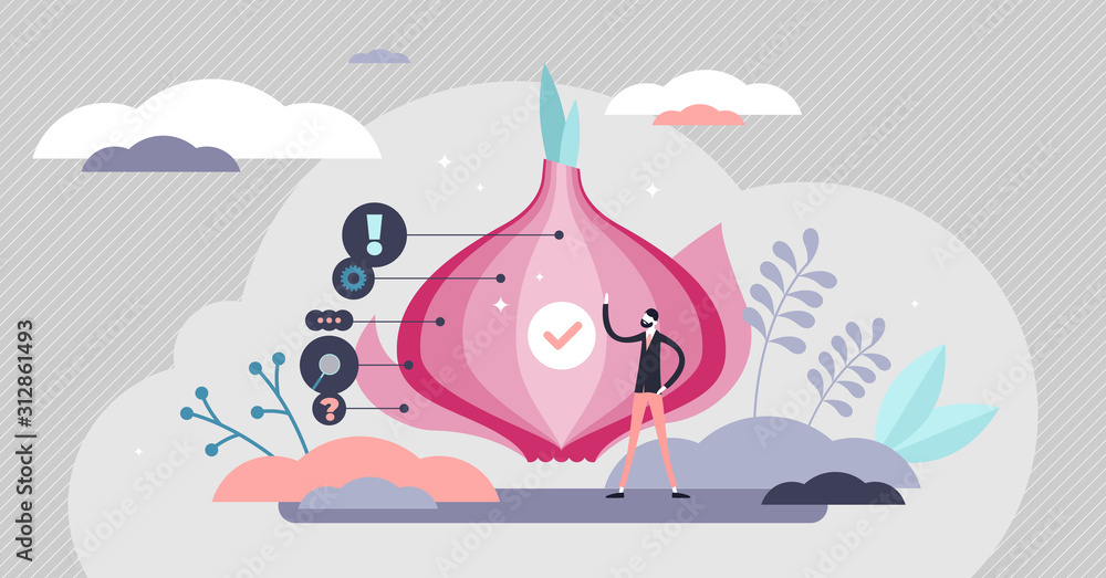 Poster peeling onion vector illustration. problem solving in tiny persons concept.