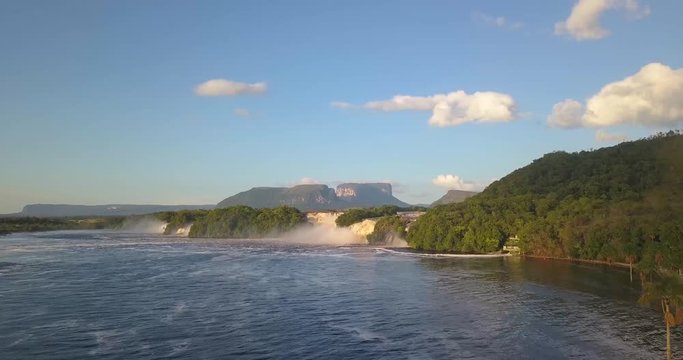 Drone clip over Canaima's lake, in Venezuela, heading to the waterfall