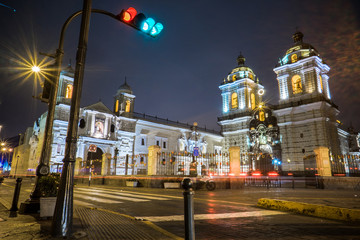 night lima city with lights,  traffic light and street