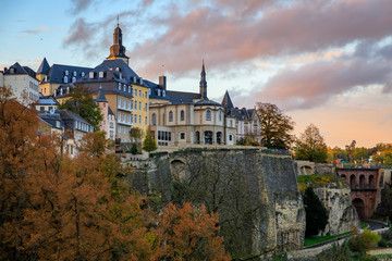Old town of Luxembourg, UNESCO World Heritage Site with its Quarters, Fortifications and the ancient city wall at sunset