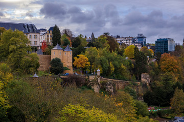 Naklejka premium Aerial view of the old town of Luxembourg, UNESCO World Heritage Site, with its ancient wall