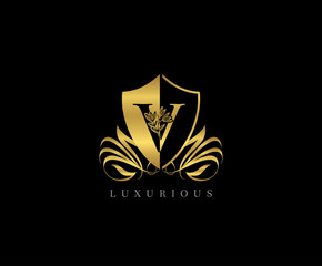 Golden V Letter Luxury Shield Logo Icon 