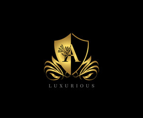 Golden A Letter Luxury Shield Logo Icon 