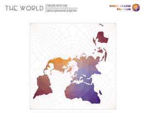 Low poly design of the world. Peirce quincuncial projection of the world. Purple Orange colored polygons. Awesome vector illustration.