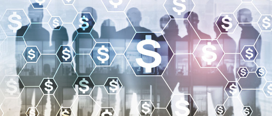 Dollars icons, money network structure. ICO, trading and investment. Crowdfunding.