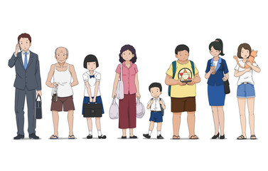 Set of various people in different poses standing on street.