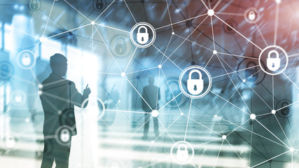 Cyber security, information privacy, data protection concept on modern server room background....