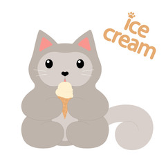Cute sitting gray cat with heart shaped nose eating ice cream. Cartoon character isolated on white background. Vector illustration for stickers, prints, posters, for cat lovers.