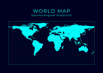 Map of The World. Equirectangular (plate carree) projection. Futuristic Infographic world illustration. Bright cyan colors on dark background. Captivating vector illustration.