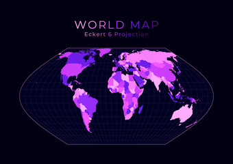 World Map. Eckert VI projection. Digital world illustration. Bright pink neon colors on dark background. Awesome vector illustration.