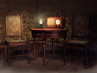 Old room with a table, chairs, a retro radio and a candle. 3D render.