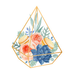 Watercolor floral terrarium with rose, eucalyptus, dusty miller, succulent and macaroons. Watercolor floral illustration