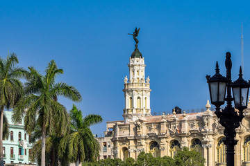 The old town of Havana with several iconic buildings in Cuba