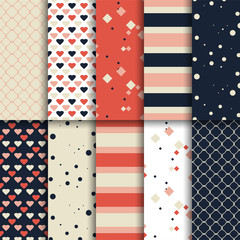 Ten different seamless patterns with hearts, stripes and dots.Endless texture can be used for wallpaper, pattern fill, web page background, surface textures.