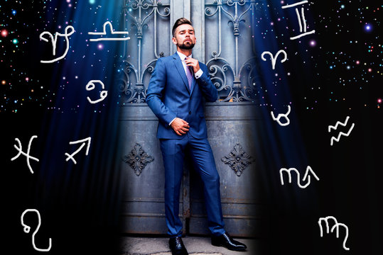 Man in a business suit and astrological symbols