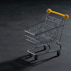 Shopaholic. Buyer. Shopping concept. Close-up. An isolated trolley and shopping basket on a dark background.
