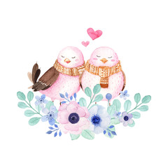 Cute lovely birds in flower nest, watercolor illustration