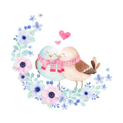 Cute birds in love, watercolor illustration
