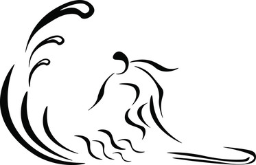 silhouette of a surfer, waves and surfboat on white background. Concept for logo, icon, print