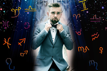Man in a business suit and astrological symbols