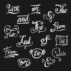 Doodle Handwritten catchwords and ampersands vector set. Modern handwritten calligraphy and lettering. isolated on black background