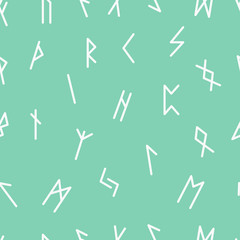 Scandinavian runes on green background. Runic alphabet. Ancient occult symbols. Seamless pattern.