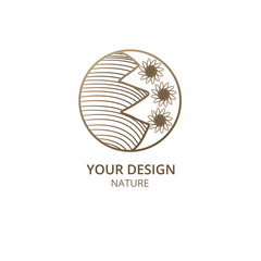 Mountain, fields logo template. Vector linear wavy icon of landscape. Minimal emblem or badge for business emblems for a travel, tourism and ecology concepts, health, spa and yoga center.