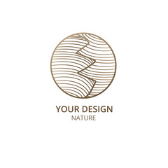 Mountain, fields logo template. Vector linear wavy icon of landscape. Minimal emblem or badge for business emblems for a travel, tourism and ecology concepts, health, spa and yoga center.