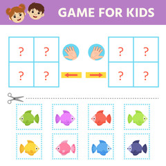 Education logic game for preschool kids. Illustration of cute color fish. Preschool worksheet activity. Children funny riddle entertainment.
